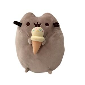 Pusheen Plush Cat Holding Ice Cream Cone Stuffed Toy 9" 2017 Brown Tan Squishy